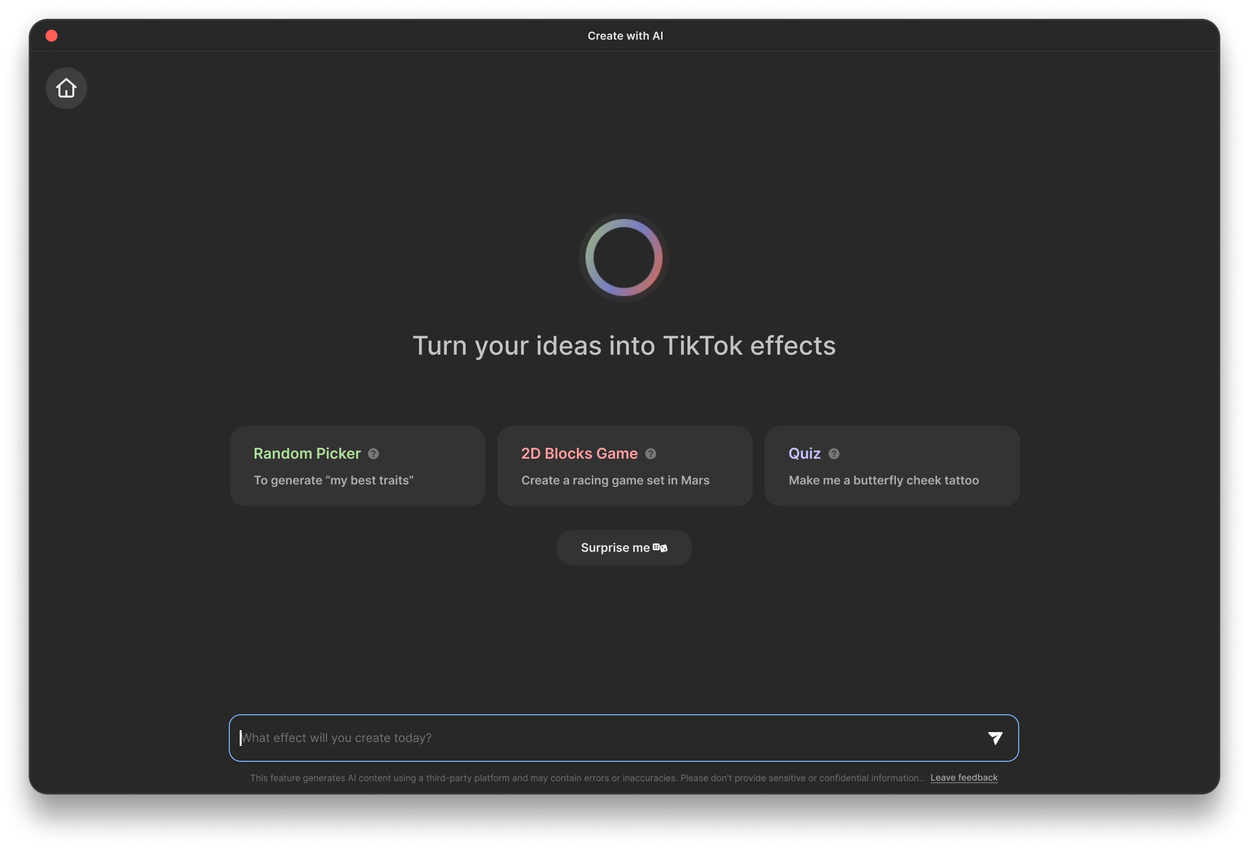 Effect House's AI assistant interface featuring built-in and customizable text prompts for creating TikTok effects