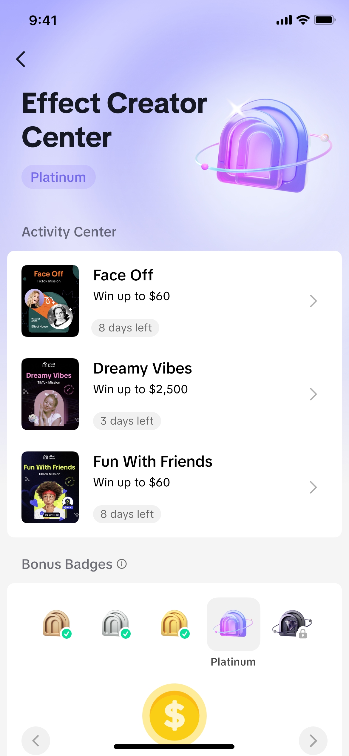 Effect Creator Center full overview, including Activity Center, Bonus Badges, and Analytics