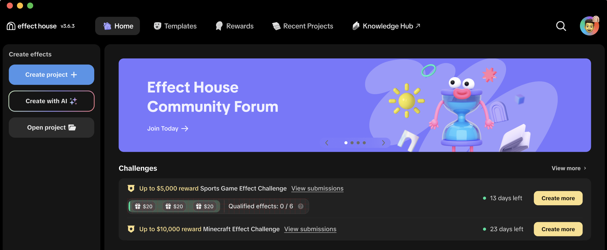 Overview of the entry point for active challenges on the Effect House desktop app homepage