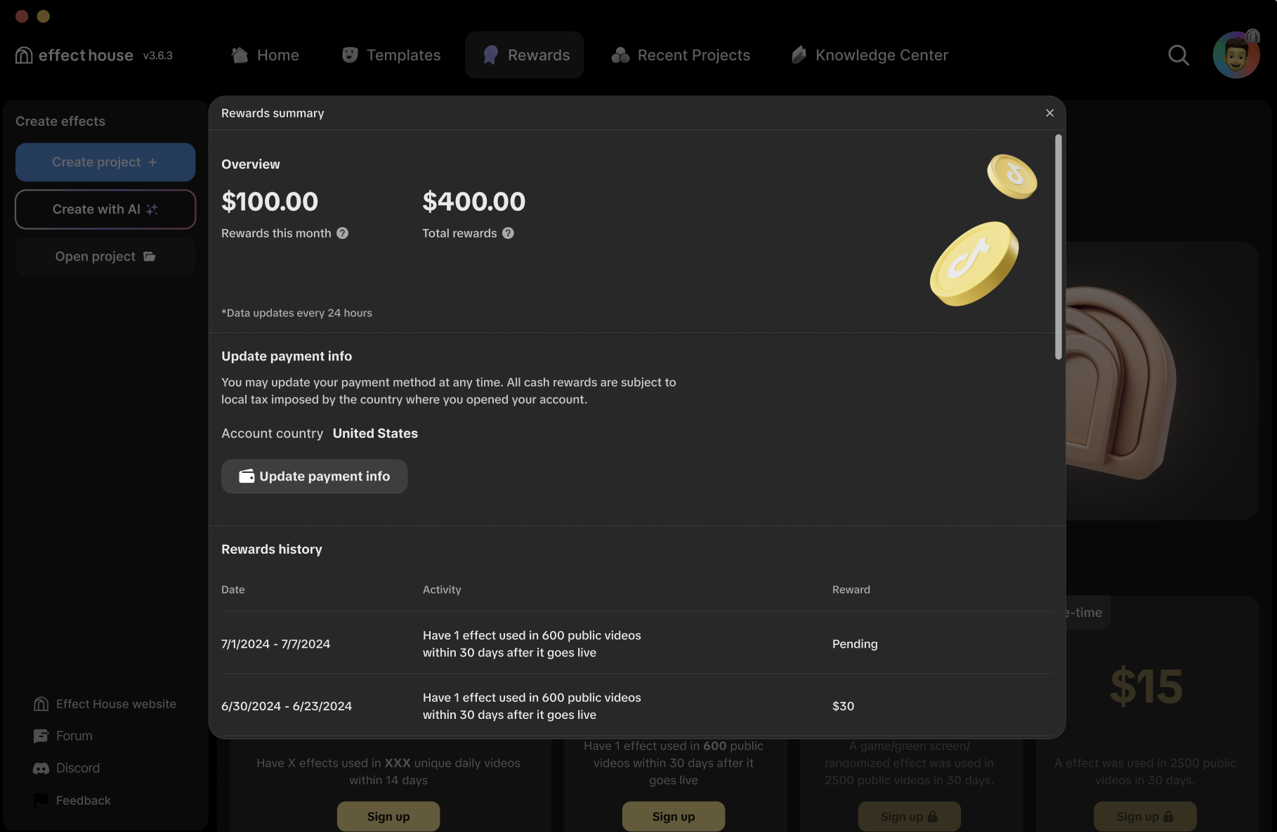 Overview of the Rewards summary dashboard in the Rewards Center