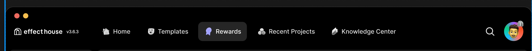 Rewards tab entrypoint at the top of the Effect House desktop app homepage
