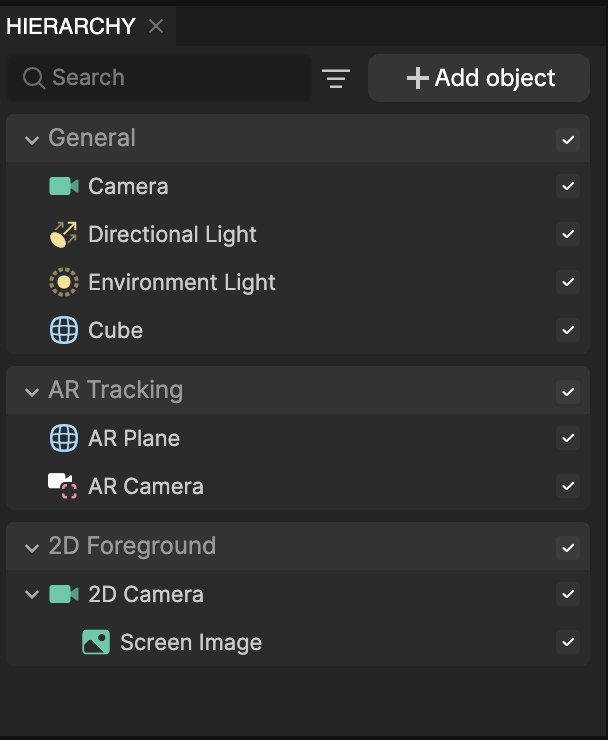 hierarchy panel in effect house workspace interface