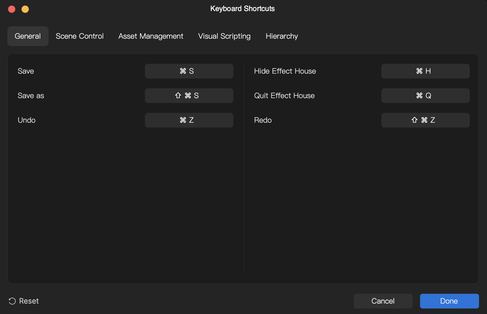 keyboard shortcuts panel