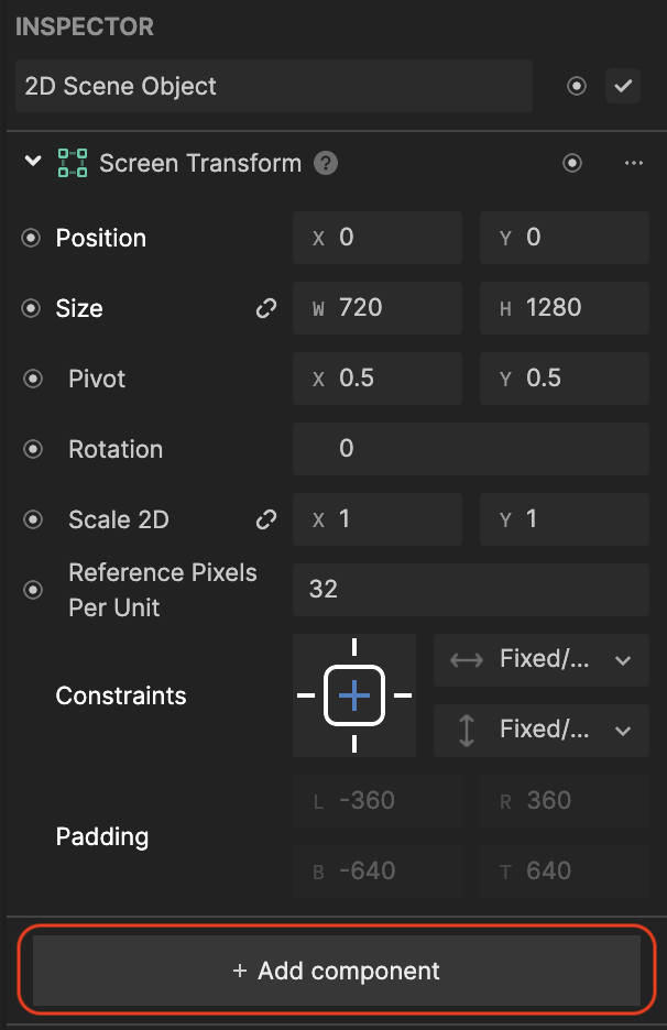 inspector panel add component