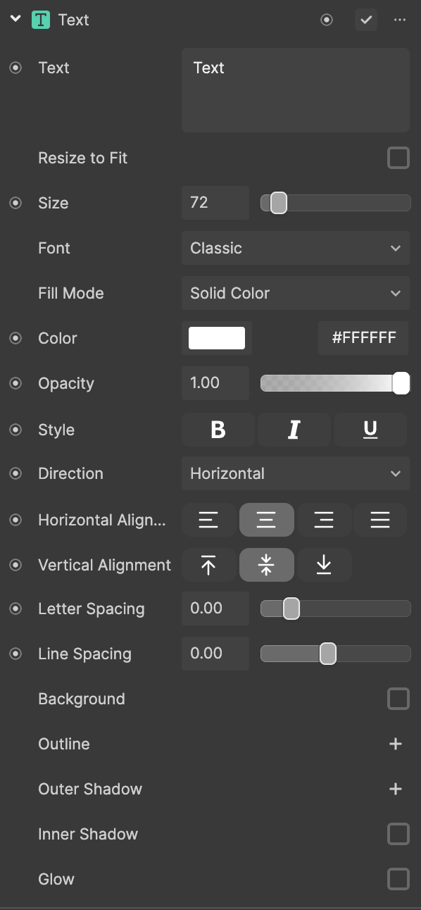 text component properties